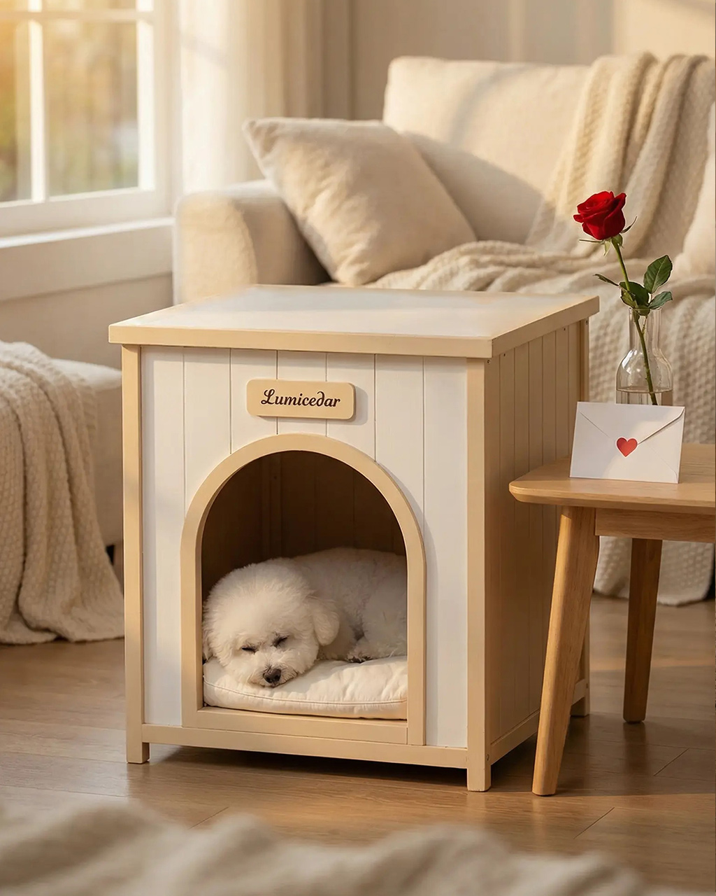 Modern Indoor Wooden Dog House with Removable Cushion – Solid Cedar Pet House for Small Dogs & Cats, Furniture-Grade Scandinavian Design