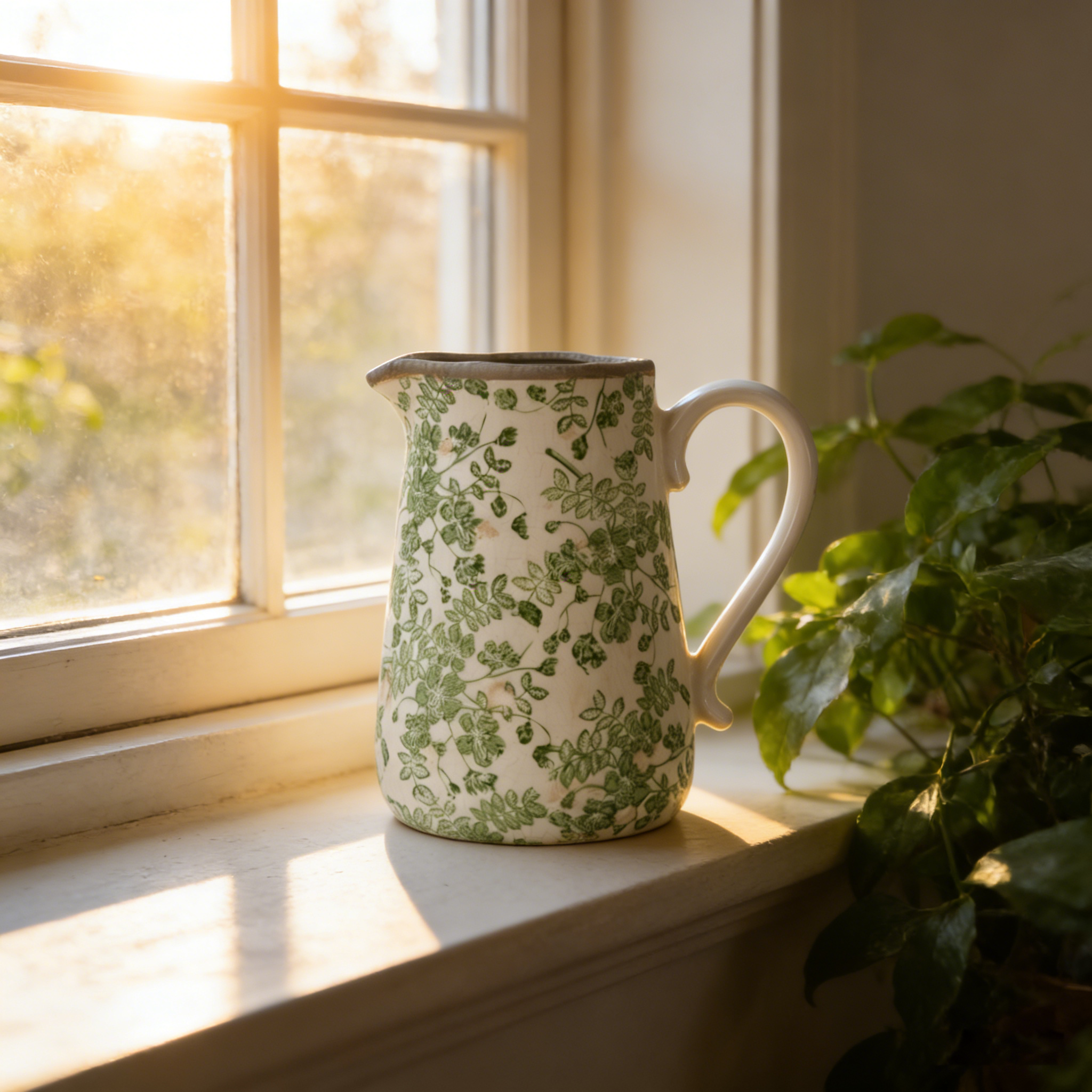 8.1x5.7x9.1" White Ceramic Pitcher Vase with Green Floral Pattern